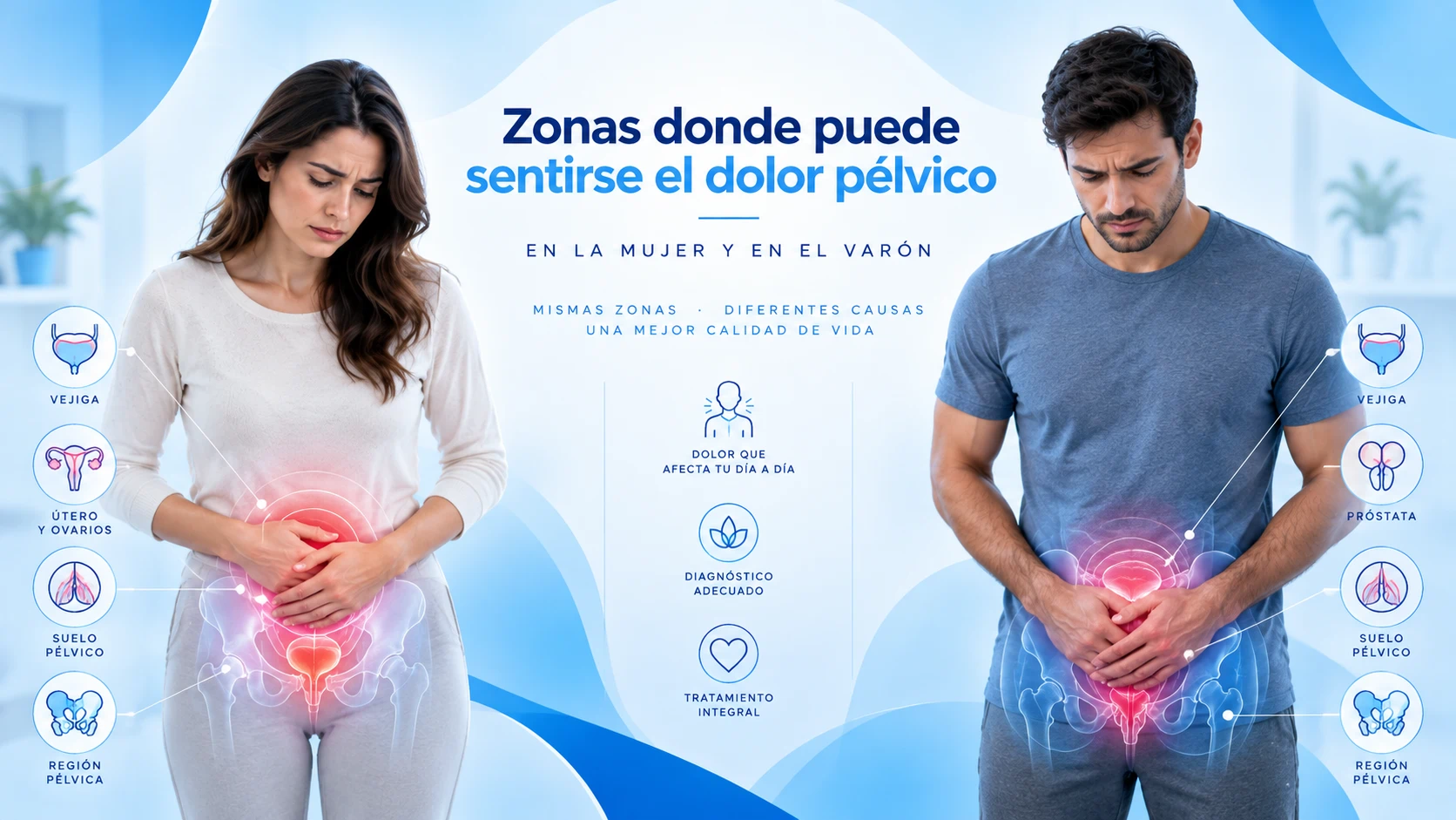 Zonas donde puede sentirse el dolor pélvico en la mujer y en el varón